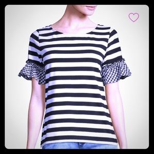 August Silk Striped Tee with Gingham Sleeves